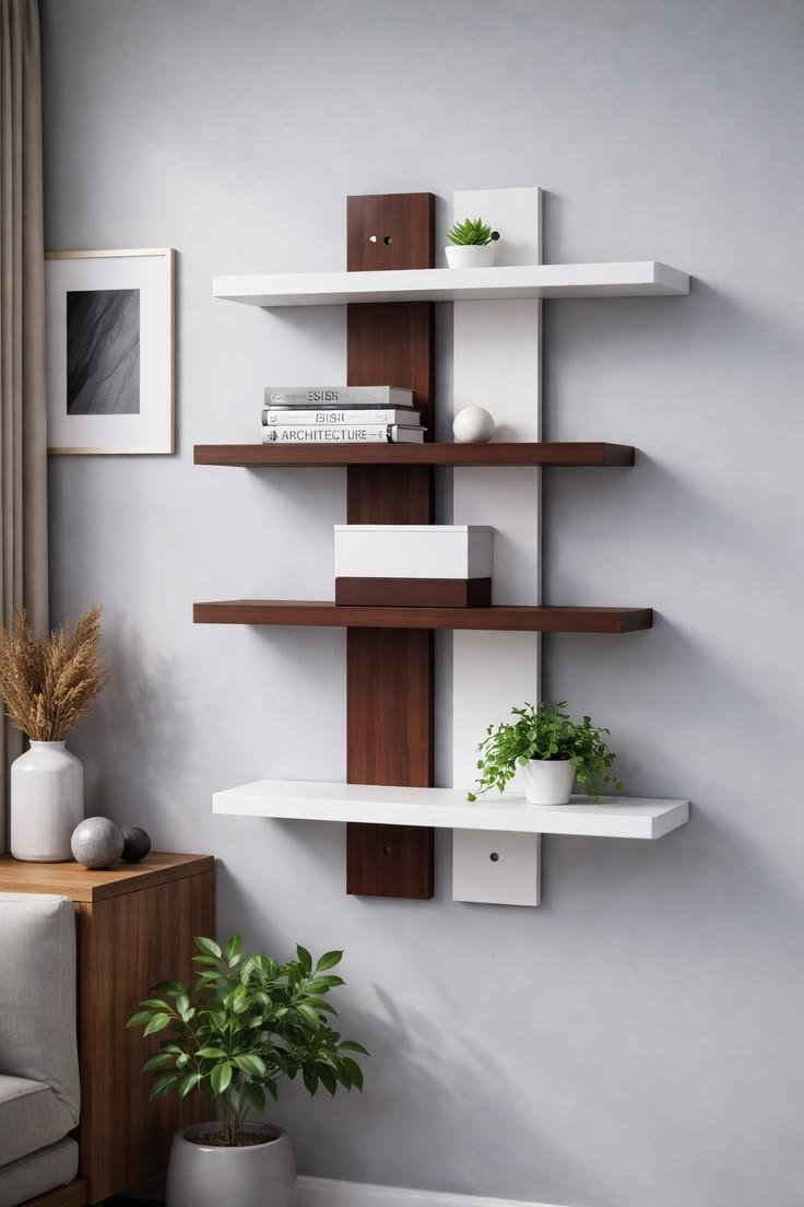 Modern Two-Tone Floating Wall Shelf – Brown & White Decorative Display Unit