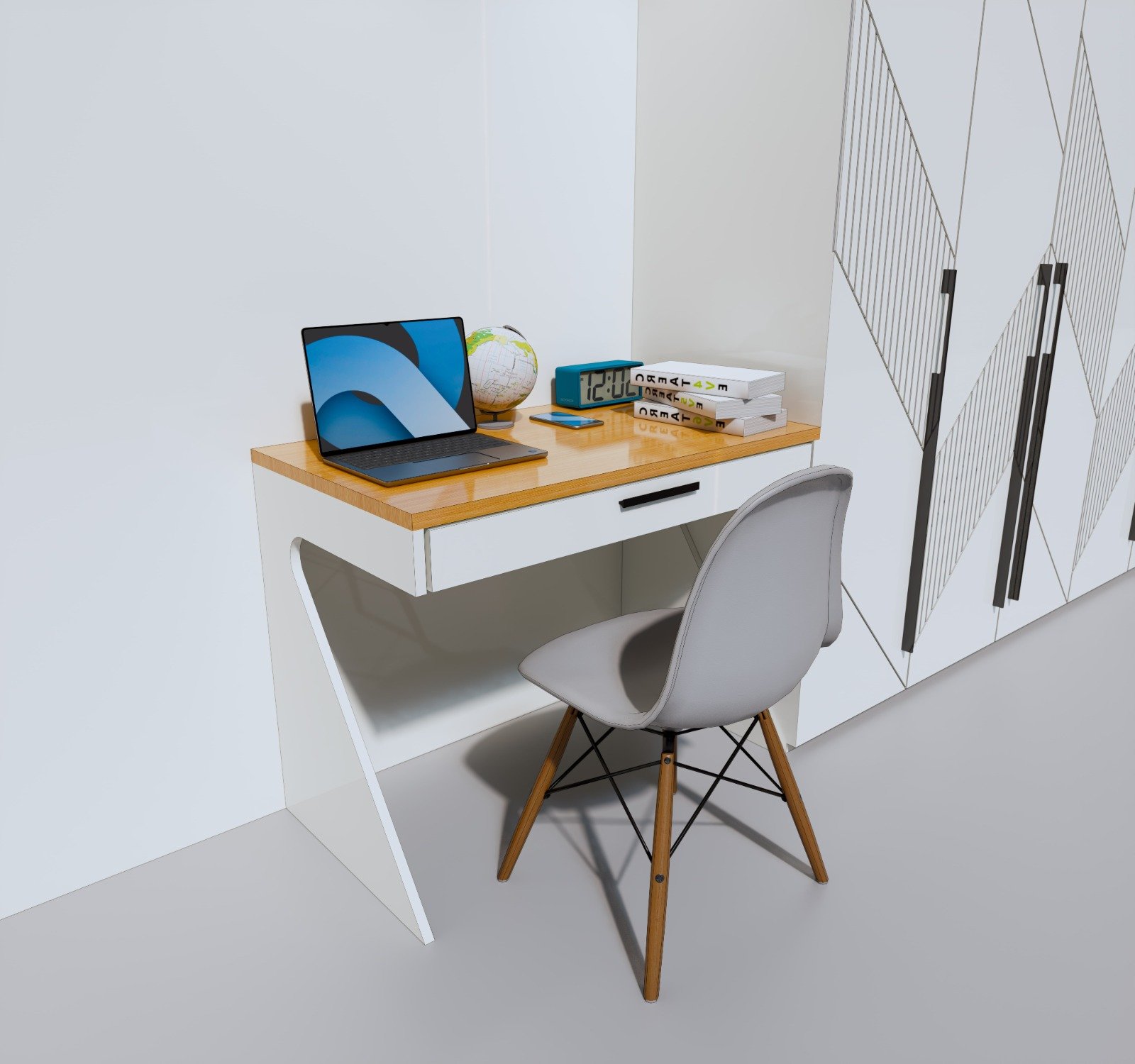 Modern Scandinavian Computer Desk – White & Light Wood with Angled Legs